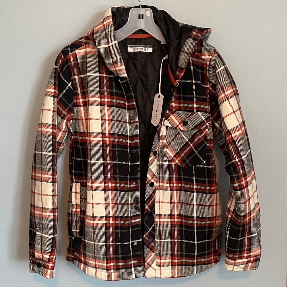 Depart west (buckle) Plaid black orange quilted Hooded Jacket NWT youth XL